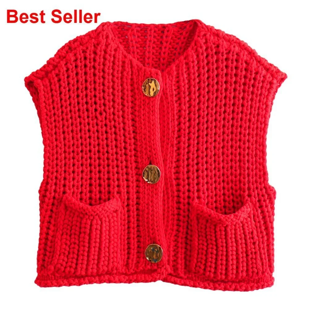 Sleeveless Crop Knit Cardigan Vest with Pockets Casual Button Down